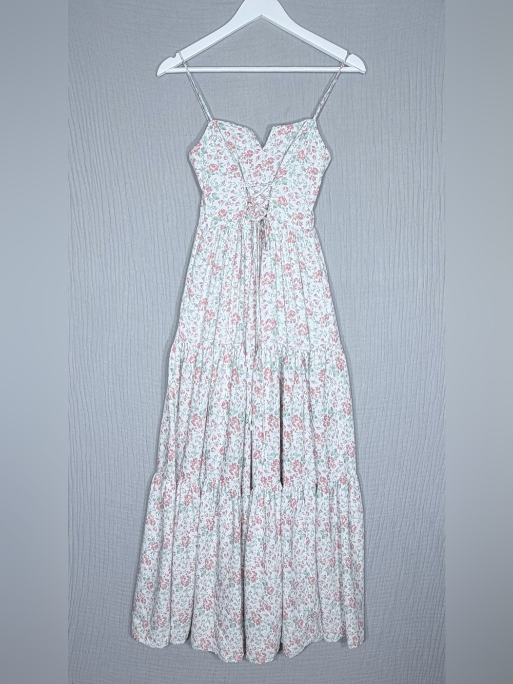 Cottagecore Floral Goddess Corset Lace-Up Tiered Maxi Dress With Pockets size S